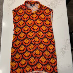 Lesley Evers Cotton Floral Dress Large Orange Pink Button Front Pockets